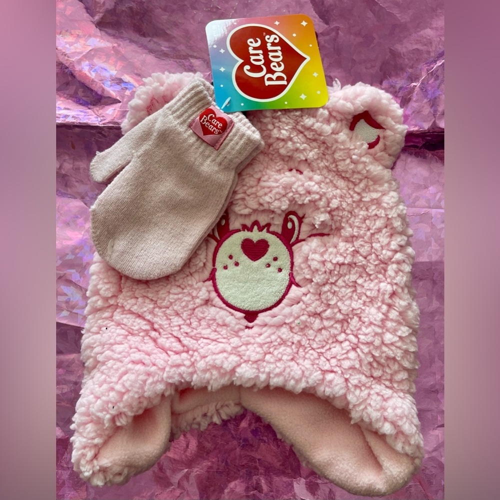 Care Bears Pink Sherpa Earflap Hat with Matching Pink Mittens Size Small CHILD